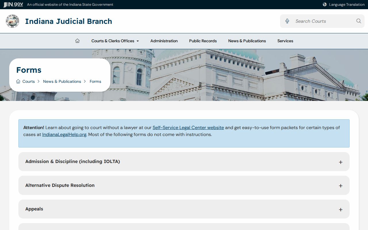 Indiana forms used with Bainbridge court docket matters