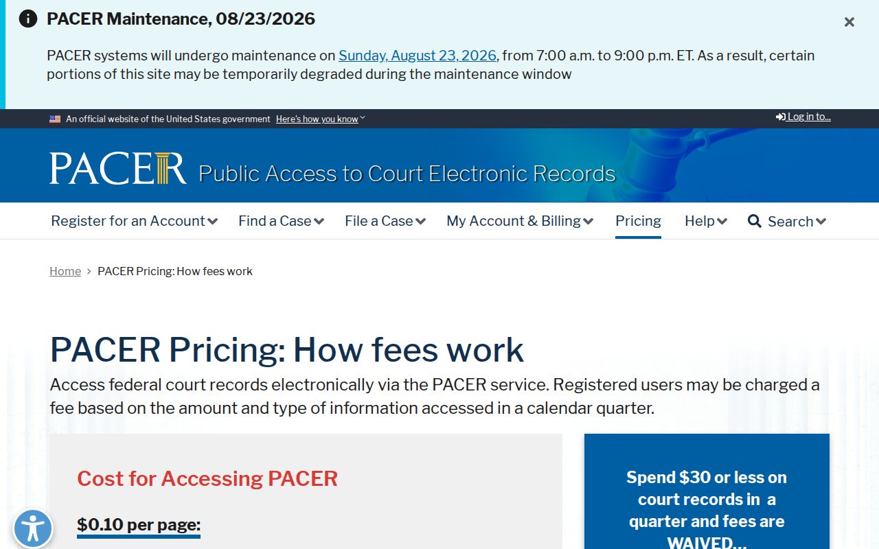 Federal PACER access separate from Putnam County case search