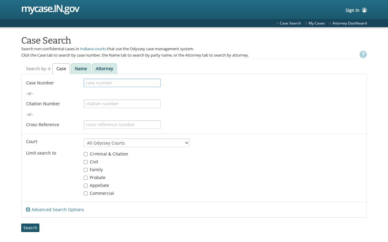Putnam County case search interface in Indiana MyCase