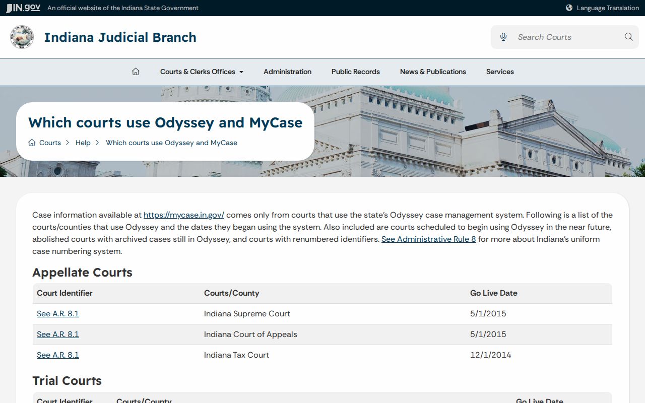 Odyssey coverage for Putnam County case search records