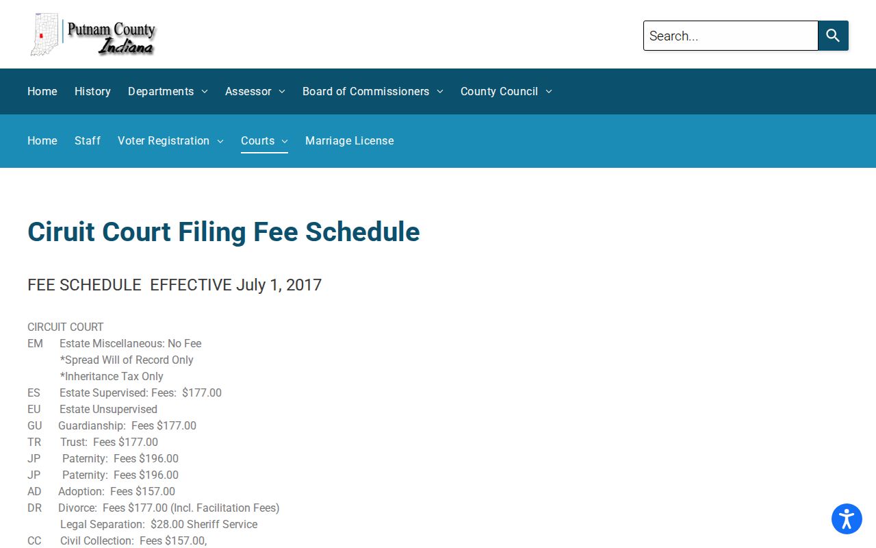Putnam County civil docket Circuit Court filing fee schedule
