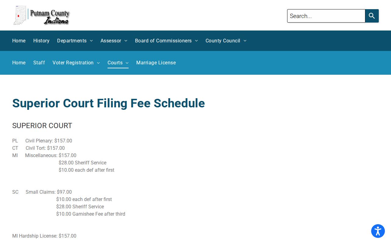 Putnam County civil docket Superior Court fee schedule