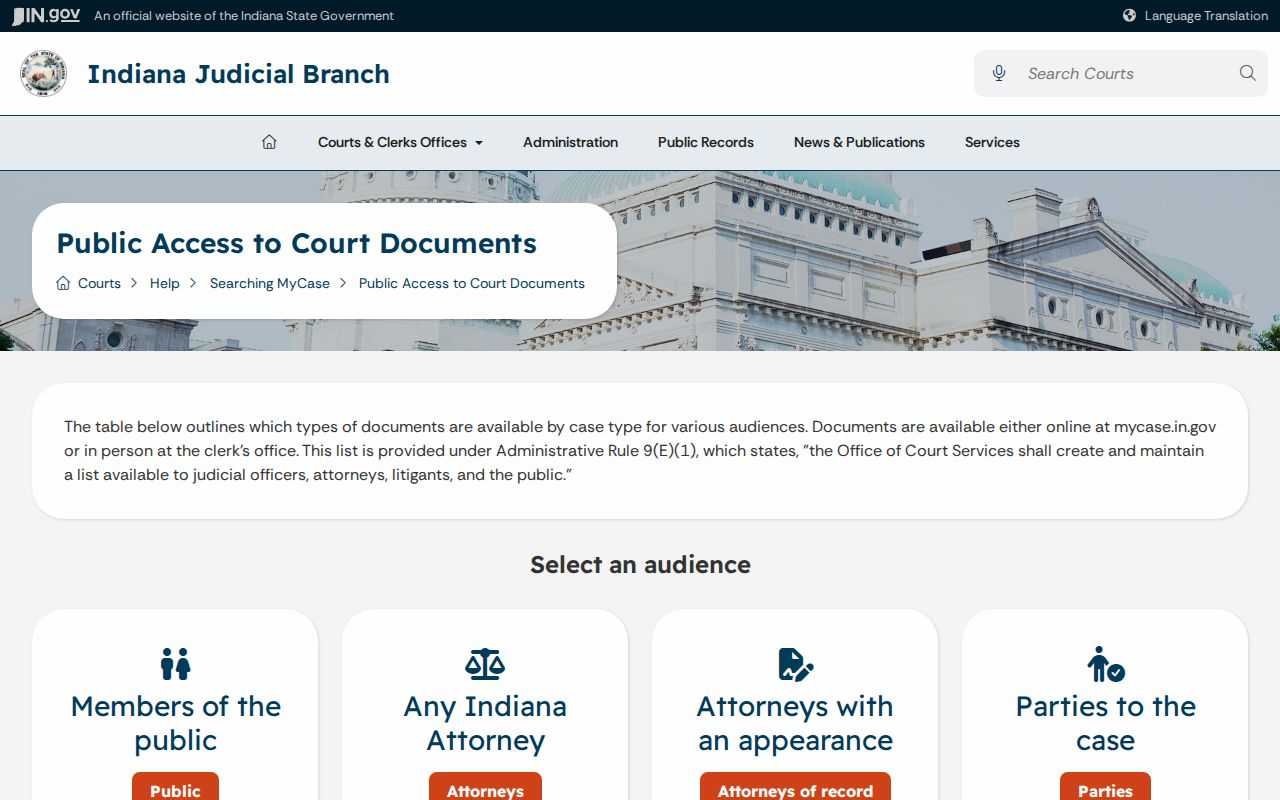 Document access matrix for Putnam County court records