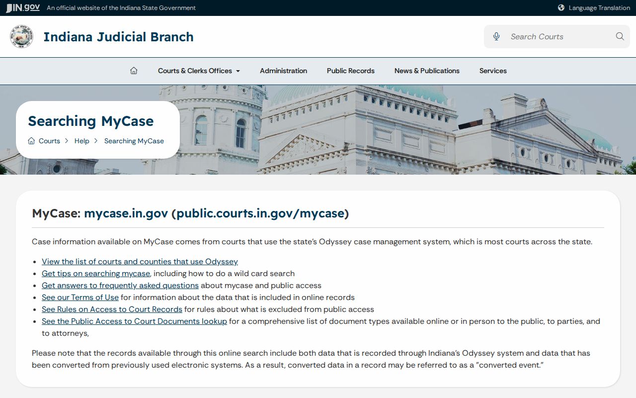 MyCase scope for Putnam County court records